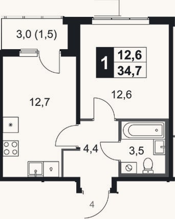 Планировка: 1-к, 33,8 м²