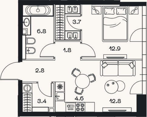 Планировка: 2-к, 48,7 м²