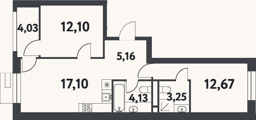 Планировка: 2-к, 54,4 м²