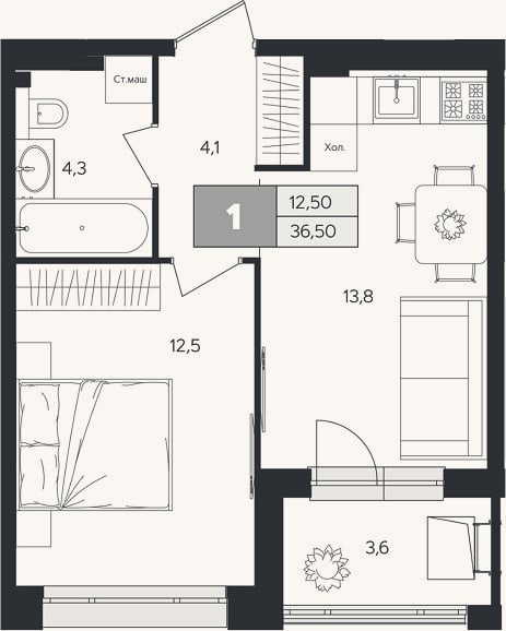 Планировка: 1-к, 34,7 м²