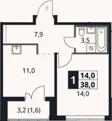 Планировка: 1-к, 36,4 м²