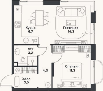 Планировка: 2-к, 43 м²