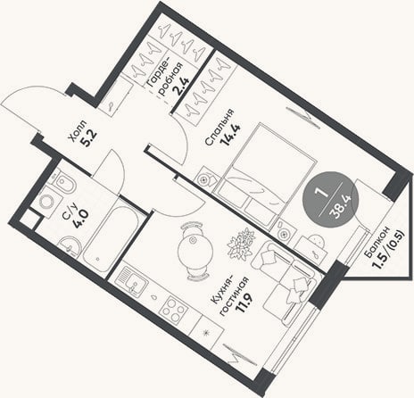 Планировка: 1-к, 37,9 м²