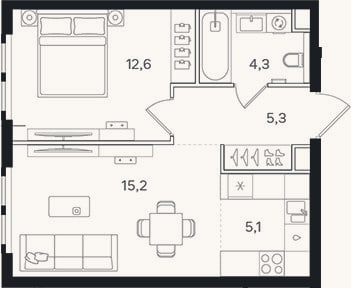 Планировка: 2-к, 42,5 м²