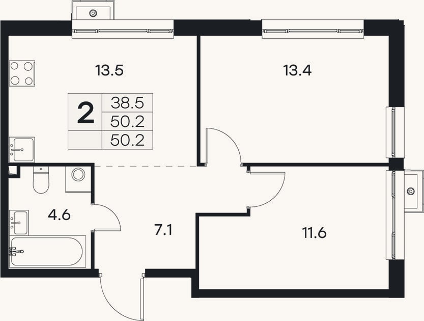 Планировка: 2-к, 50,2 м²