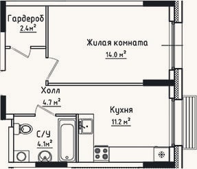 Планировка: 1-к, 36,4 м²