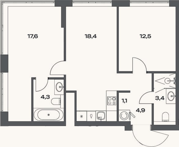 Планировка: 3-к, 63,4 м²