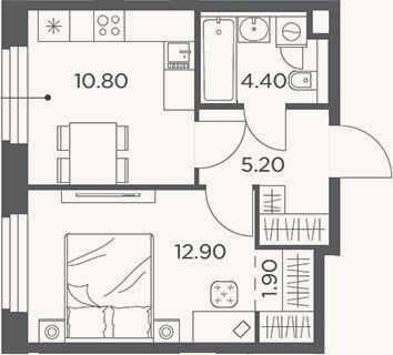 Планировка: 1-к, 35,2 м²