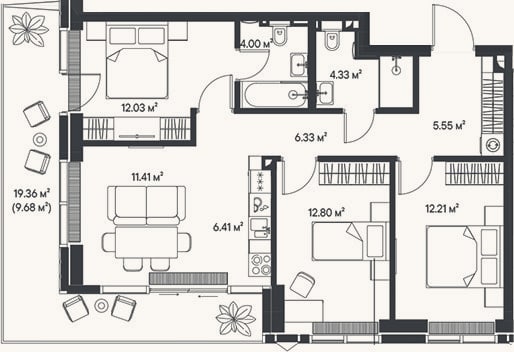 Планировка: 4+ к, 75,1 м²
