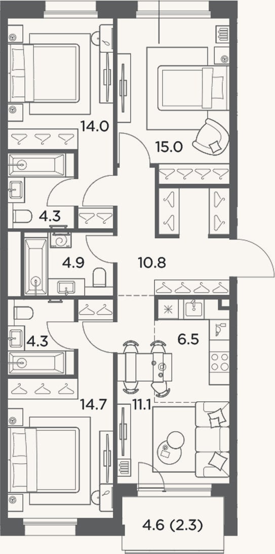 Планировка: 4+ к, 85,6 м²