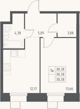 Планировка: 1-к, 38,4 м²