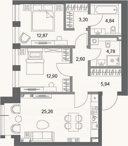 Планировка: 2-к, 72,4 м²