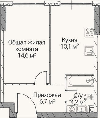 Планировка: 1-к, 38,6 м²