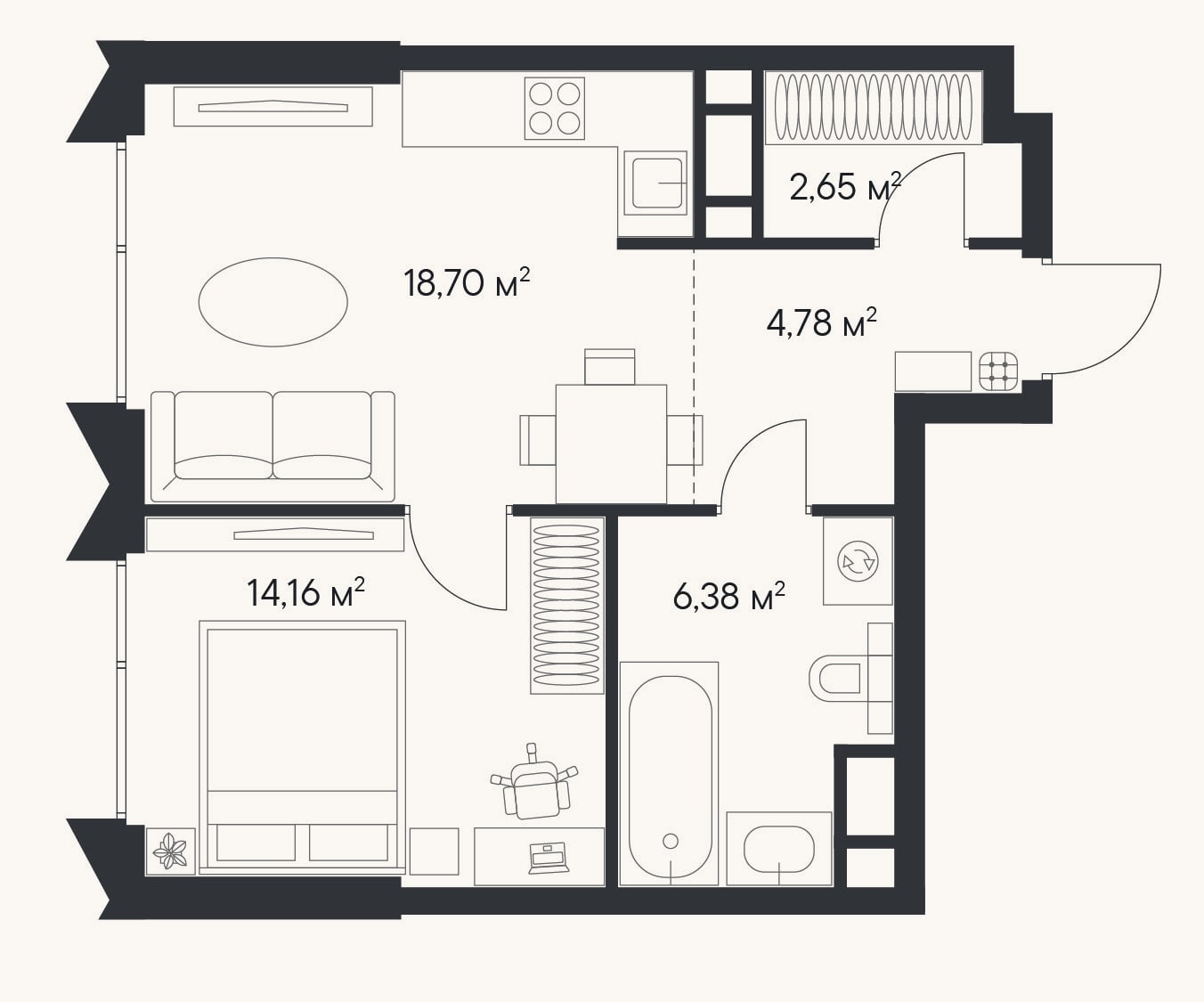 Планировка: 1-к, 46,1 м²