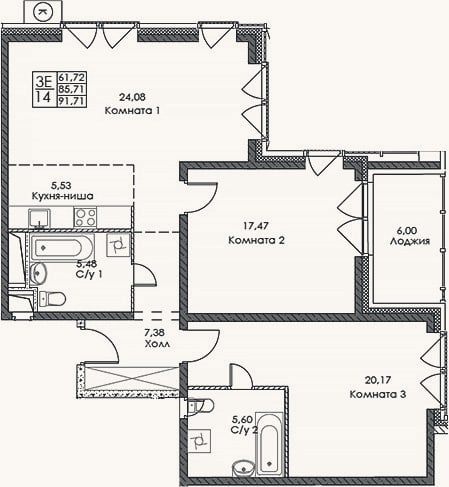 Планировка: 3-к, 85,7 м²