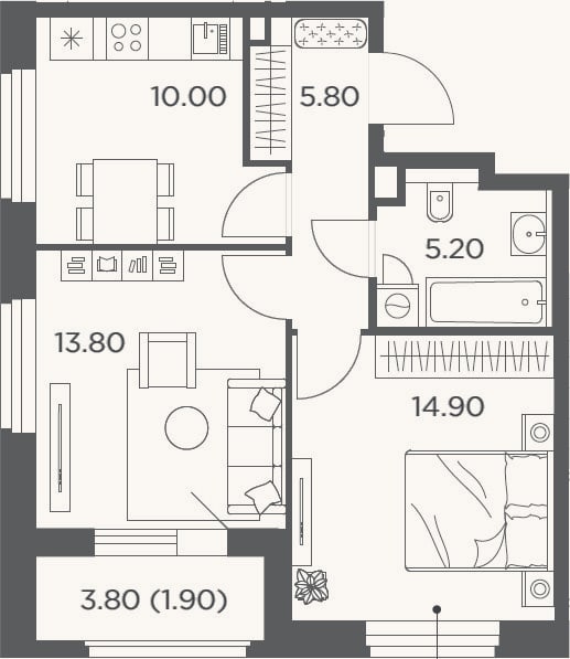 Планировка: 2-к, 49,7 м²