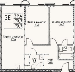 Планировка: 3-к, 70,3 м²