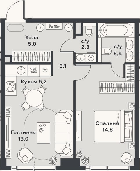 Планировка: 2-к, 48,8 м²