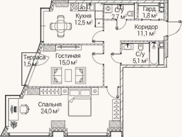 Планировка: 2-к, 71,5 м²