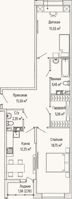 Планировка: 2-к, 73,2 м²