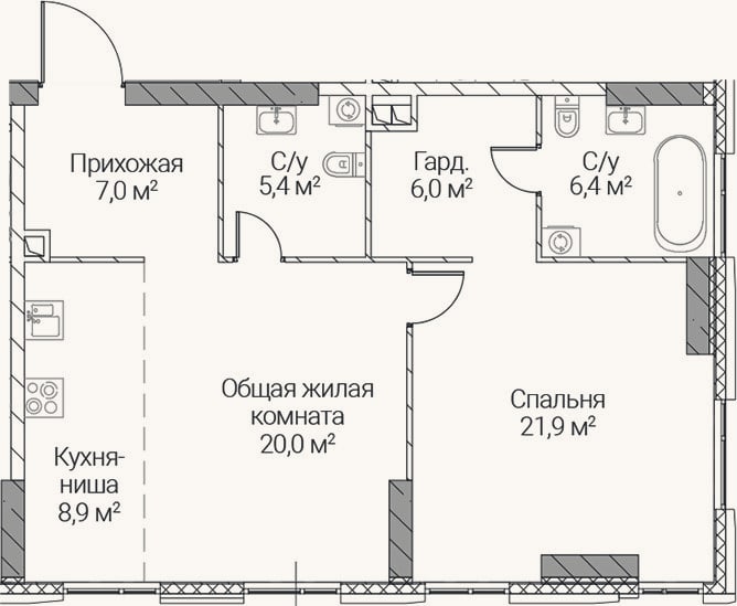 Планировка: 2-к, 75,6 м²