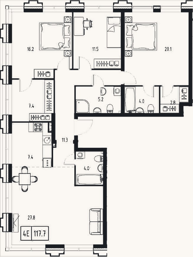 Планировка: 4+ к, 117,7 м²