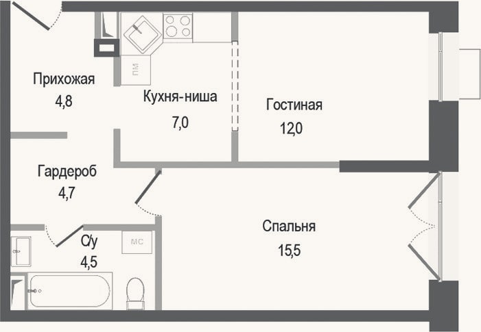 Планировка: 2-к, 48,5 м²