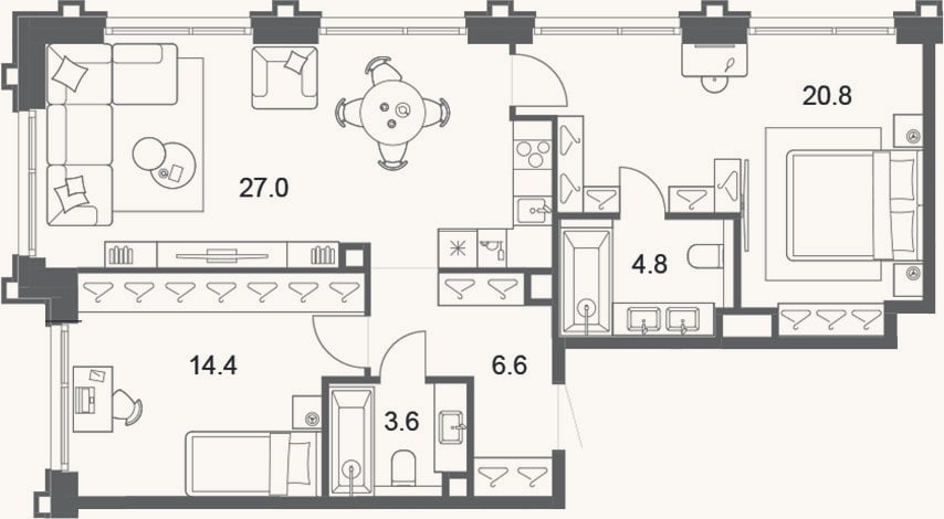 Планировка: 3-к, 77,1 м²
