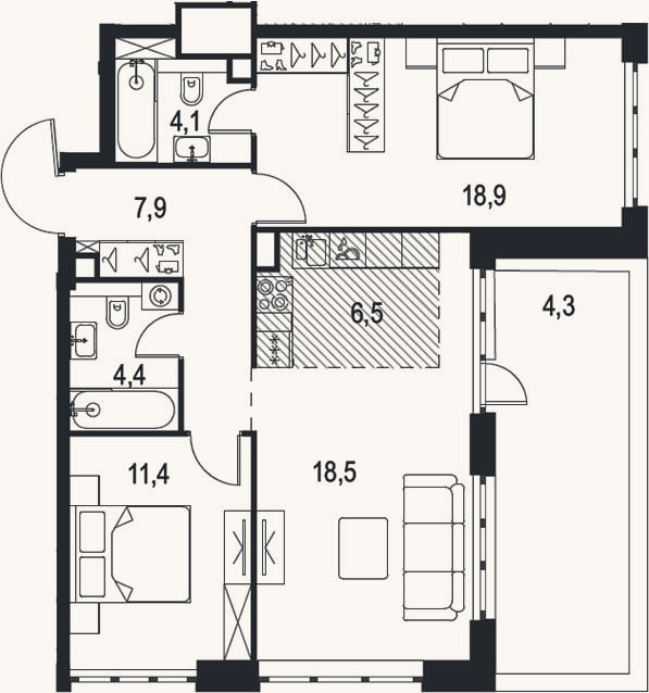 Планировка: 3-к, 71,7 м²