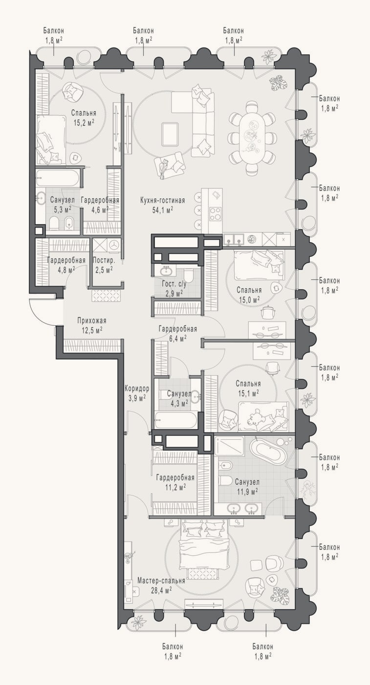 Планировка: 4+ к, 206,8 м²