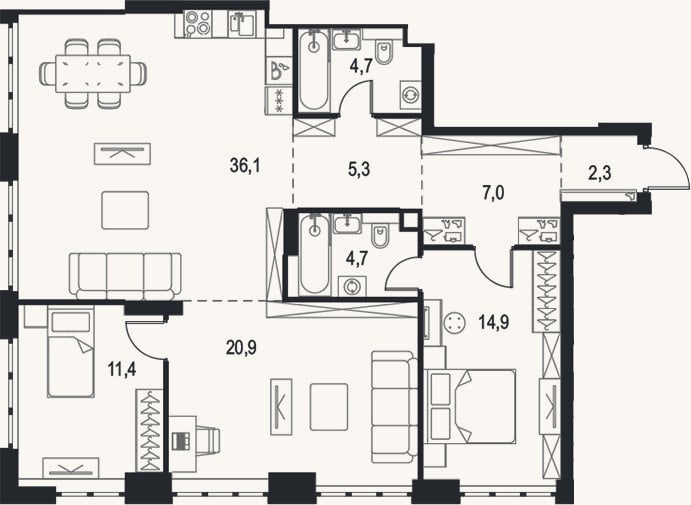 Планировка: 3-к, 107,3 м²