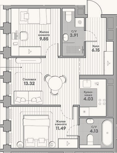 Планировка: 3-к, 52,9 м²