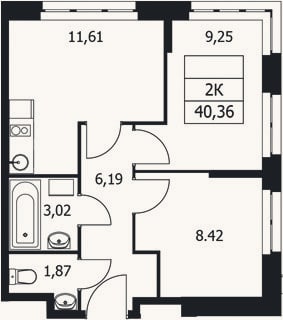Планировка: 2-к, 40,4 м²