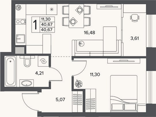 Планировка: 2-к, 37,1 м²