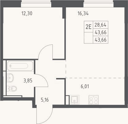 Планировка: 2-к, 43,7 м²