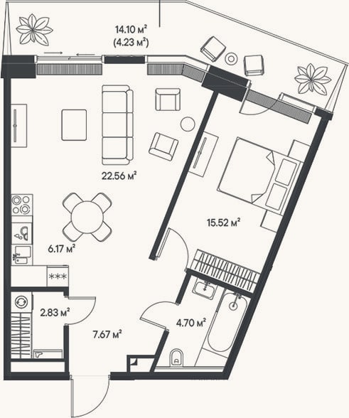 Планировка: 2-к, 59,5 м²
