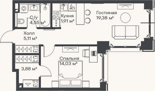 Планировка: 2-к, 48,9 м²
