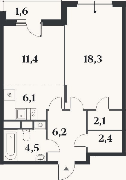 Планировка: 2-к, 51 м²