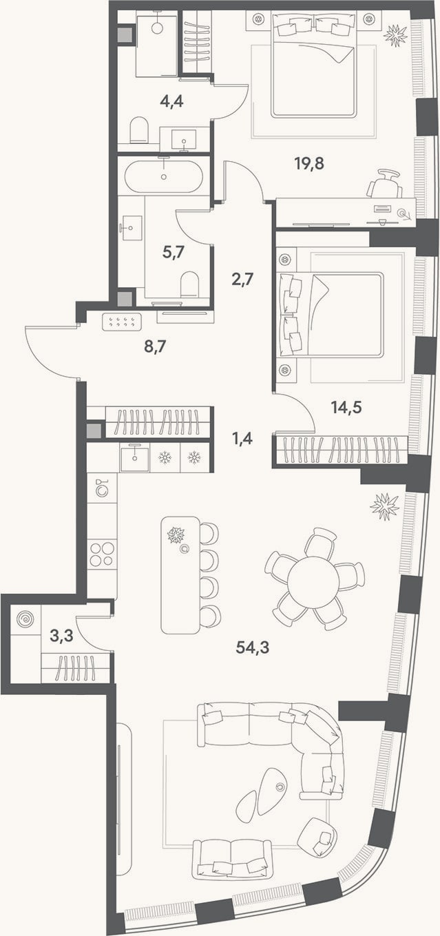 Планировка: 3-к, 114,8 м²