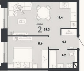 Планировка: 2-к, 39,3 м²