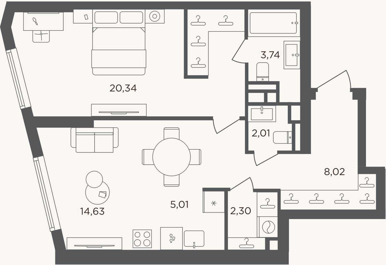 Планировка: 2-к, 56,1 м²