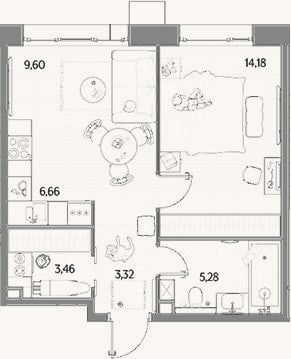 Планировка: 2-к, 42,5 м²