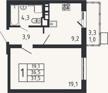 Планировка: 1-к, 36,5 м²