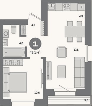 Планировка: 1-к, 40,1 м²
