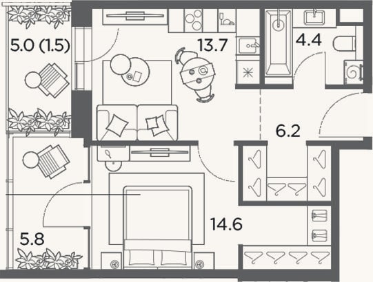 Планировка: 1-к, 44,7 м²