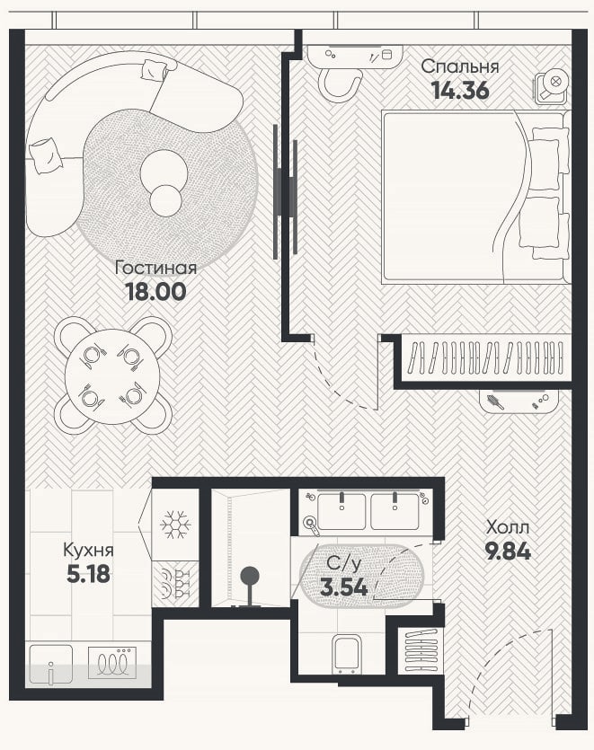 Планировка: 2-к, 51,4 м²