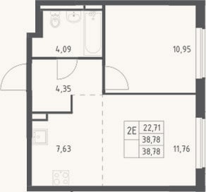 Планировка: 2-к, 38,8 м²