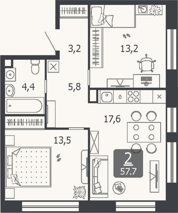 Планировка: 3-к, 57,7 м²