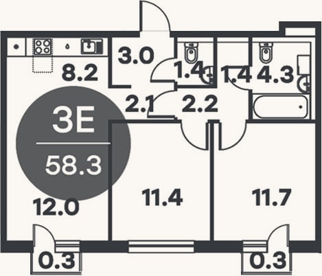 Планировка: 3-к, 57,7 м²