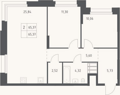 Планировка: 3-к, 65,4 м²